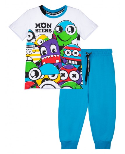 Комплект трикотажный для мальчиков: фуфайка (футболка), брюки белый,голубой