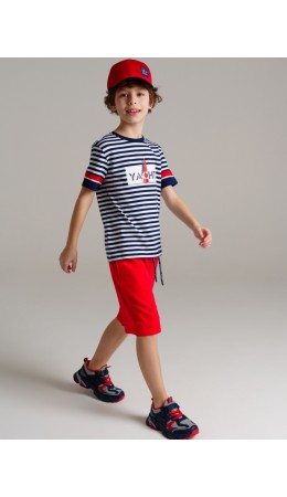 Комплект трикотажный для мальчиков: фуфайка (футболка), шорты белый,красный,тёмно-синий