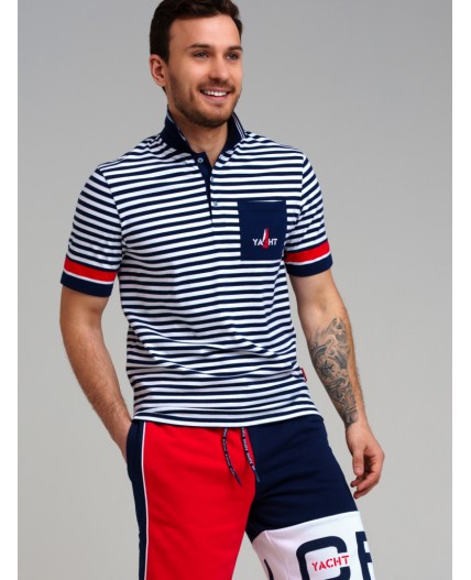 Сорочка трикотажная с воротником поло для мужчин тёмно-синий,белый,красный