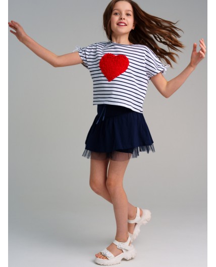 Фуфайка трикотажная для девочек (футболка) тёмно-синий,белый