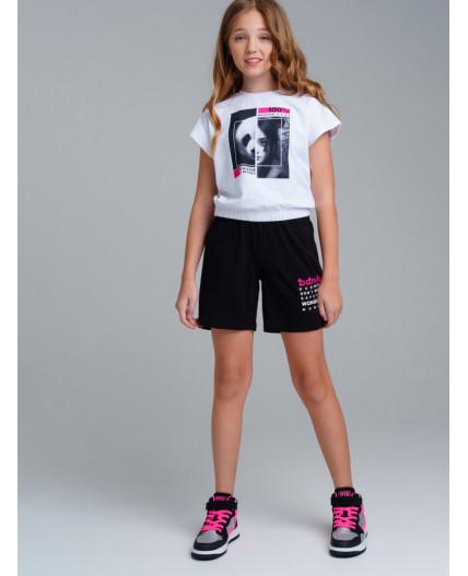 Комплект трикотажный для девочек: фуфайка (футболка), шорты белый,черный