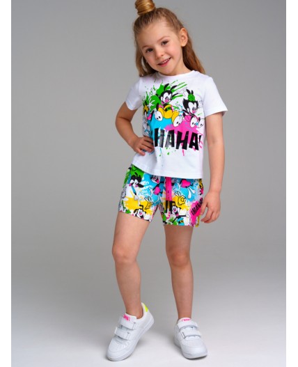 Комплект трикотажный для девочек: фуфайка (футболка), шорты разноцветный