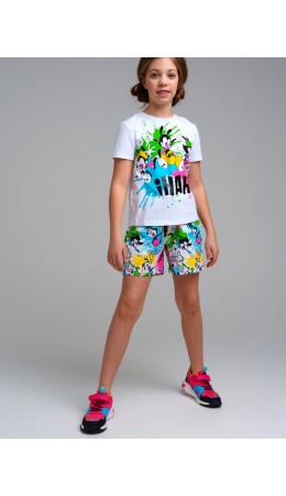 Комплект трикотажный для девочек: фуфайка (футболка), шорты разноцветный