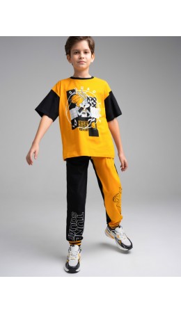 Комплект трикотажный для мальчиков: фуфайка (футболка), брюки оранжевый,черный