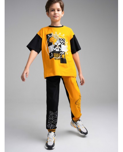 Комплект трикотажный для мальчиков: фуфайка (футболка), брюки оранжевый,черный