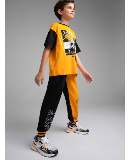 Комплект трикотажный для мальчиков: фуфайка (футболка), брюки оранжевый,черный