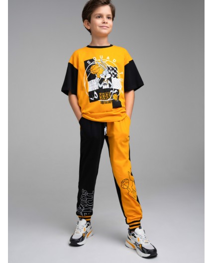 Комплект трикотажный для мальчиков: фуфайка (футболка), брюки оранжевый,черный