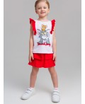 Комплект трикотажный для девочек: фуфайка (футболка), юбка-шорты белый,красный
