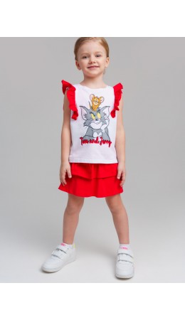 Комплект трикотажный для девочек: фуфайка (футболка), юбка-шорты белый,красный