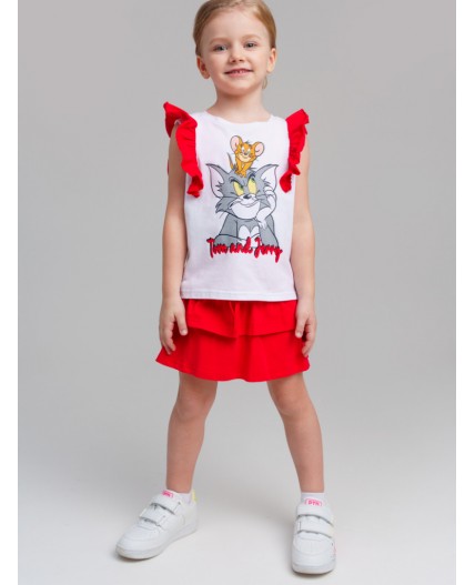 Комплект трикотажный для девочек: фуфайка (футболка), юбка-шорты белый,красный