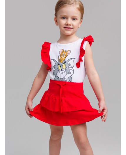 Комплект трикотажный для девочек: фуфайка (футболка), юбка-шорты белый,красный