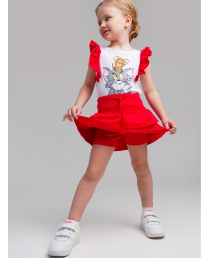 Комплект трикотажный для девочек: фуфайка (футболка), юбка-шорты белый,красный