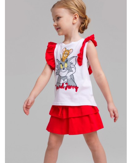 Комплект трикотажный для девочек: фуфайка (футболка), юбка-шорты белый,красный