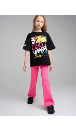 Комплект трикотажный для девочек: фуфайка (футболка), брюки черный,фуксия