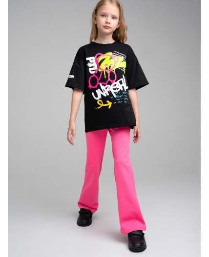 Комплект трикотажный для девочек: фуфайка (футболка), брюки черный,фуксия