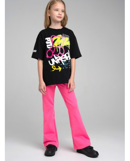 Комплект трикотажный для девочек: фуфайка (футболка), брюки черный,фуксия
