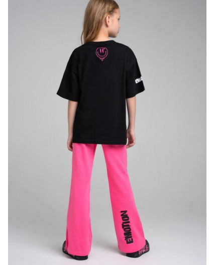 Комплект трикотажный для девочек: фуфайка (футболка), брюки черный,фуксия