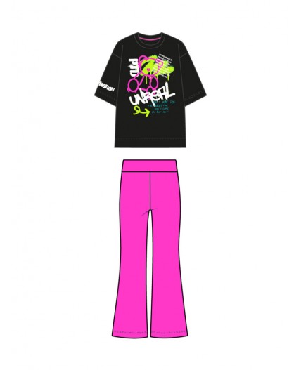 Комплект трикотажный для девочек: фуфайка (футболка), брюки черный,фуксия