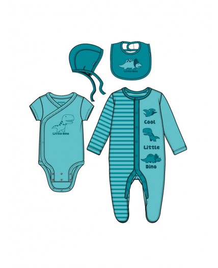Комплект детский трикотажный для мальчиков: боди, комбинезон, нагрудник, чепчик голубой