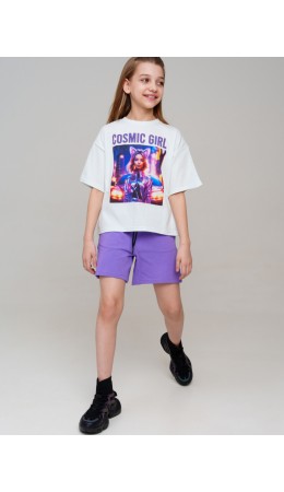 Комплект трикотажный для девочек: фуфайка (футболка), шорты белый,фиолетовый
