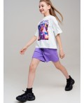 Комплект трикотажный для девочек: фуфайка (футболка), шорты белый,фиолетовый