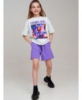 Комплект трикотажный для девочек: фуфайка (футболка), шорты белый,фиолетовый