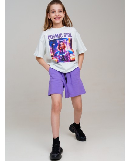 Комплект трикотажный для девочек: фуфайка (футболка), шорты белый,фиолетовый