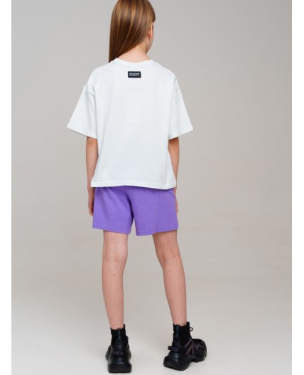 Комплект трикотажный для девочек: фуфайка (футболка), шорты белый,фиолетовый