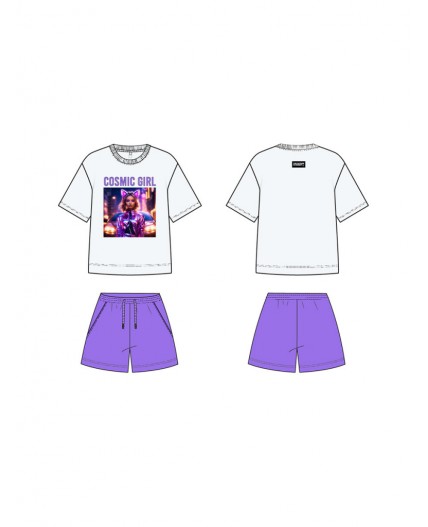 Комплект трикотажный для девочек: фуфайка (футболка), шорты белый,фиолетовый