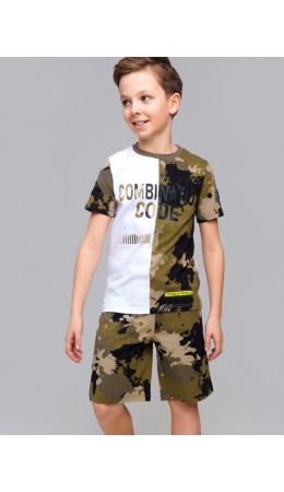 Комплект трикотажный для мальчиков: фуфайка (футболка), шорты хаки,белый