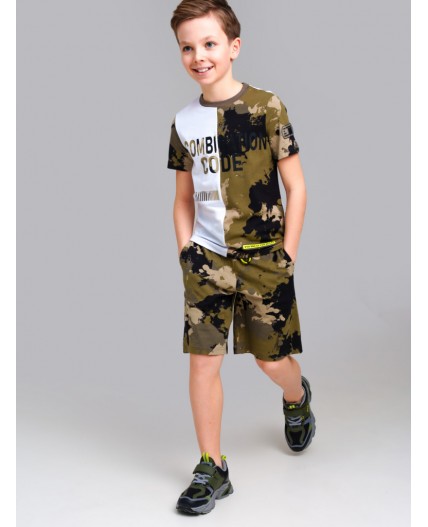 Комплект трикотажный для мальчиков: фуфайка (футболка), шорты хаки,белый