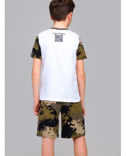 Комплект трикотажный для мальчиков: фуфайка (футболка), шорты хаки,белый