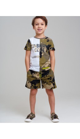 Комплект трикотажный для мальчиков: фуфайка (футболка), шорты белый,хаки