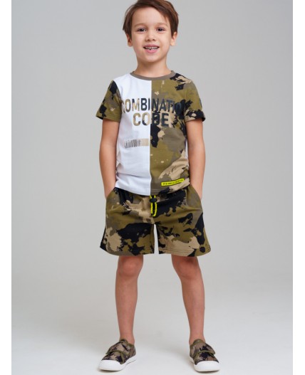 Комплект трикотажный для мальчиков: фуфайка (футболка), шорты белый,хаки