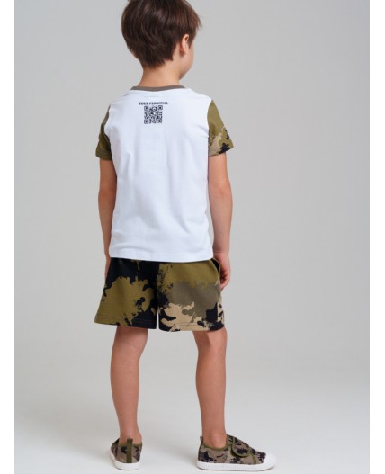 Комплект трикотажный для мальчиков: фуфайка (футболка), шорты белый,хаки