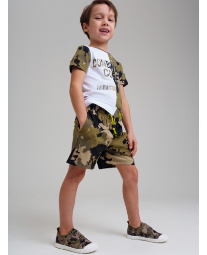 Комплект трикотажный для мальчиков: фуфайка (футболка), шорты белый,хаки