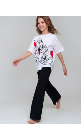 Комплект трикотажный для девочек: фуфайка (футболка), брюки белый,черный