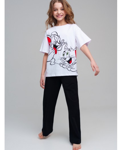 Комплект трикотажный для девочек: фуфайка (футболка), брюки белый,черный