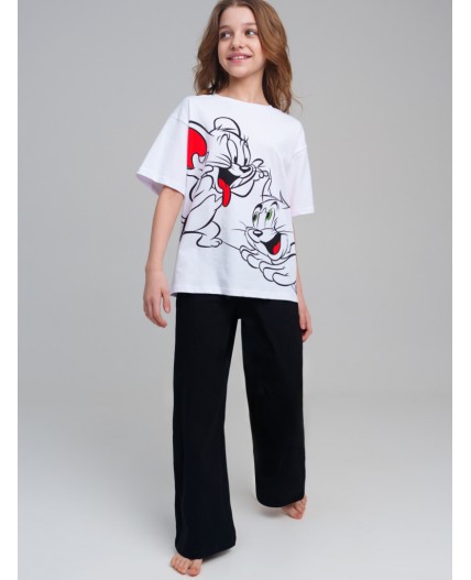 Комплект трикотажный для девочек: фуфайка (футболка), брюки белый,черный