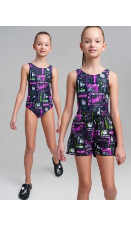 Комплект для девочек: купальник трикотажный, шорты купальные текстильные разноцветный