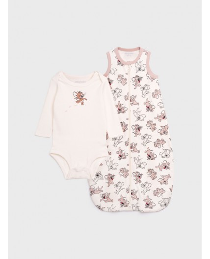 Комплект детский трикотажный для девочек: боди, спальный мешок молочный,коричневый