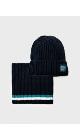 Комплект трикотажный для мальчиков: шапка, снуд тёмно-синий