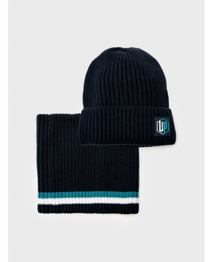 Комплект трикотажный для мальчиков: шапка, снуд тёмно-синий