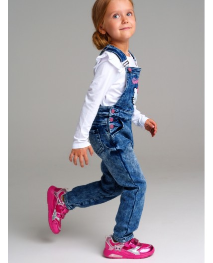 Полукомбинезон текстильный джинсовый утепленный флисом для девочек тёмно-синий