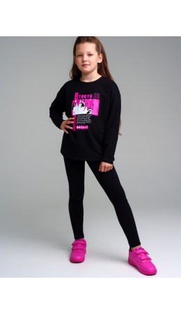 Комплект трикотажный для девочек: фуфайка (футболка с длинными рукавми), брюки (легинсы) черный,фуксия
