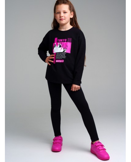Комплект трикотажный для девочек: фуфайка (футболка с длинными рукавми), брюки (легинсы) черный,фуксия