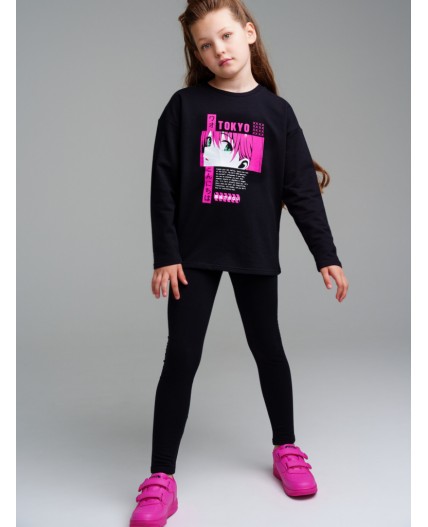 Комплект трикотажный для девочек: фуфайка (футболка с длинными рукавми), брюки (легинсы) черный,фуксия