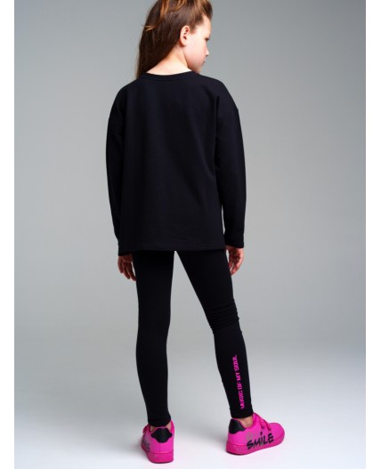 Комплект трикотажный для девочек: фуфайка (футболка с длинными рукавми), брюки (легинсы) черный,фуксия