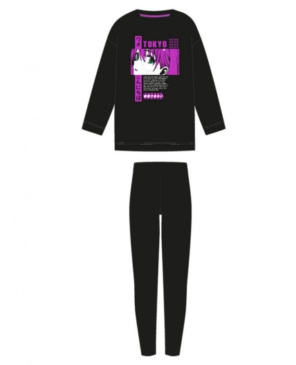Комплект трикотажный для девочек: фуфайка (футболка с длинными рукавми), брюки (легинсы) черный,фуксия