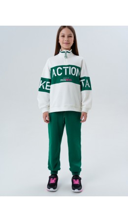 Комплект трикотажный для девочек: толстовка, брюки темно-зеленый,молочный